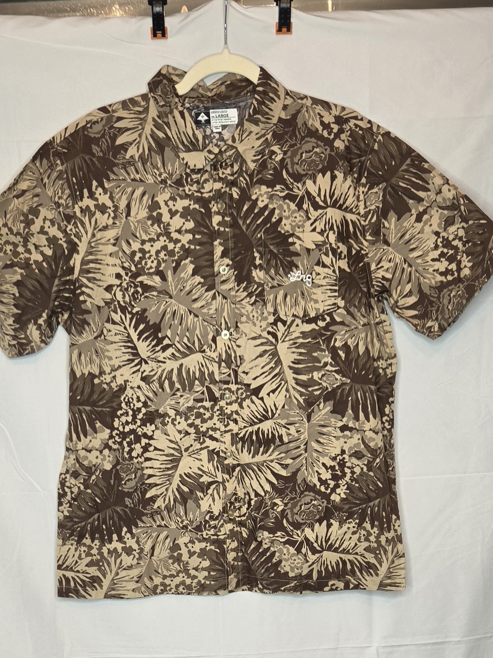 LRG Hawaiian Button Down Shirt Tropical Camo Brown Palm Leaf Size Large